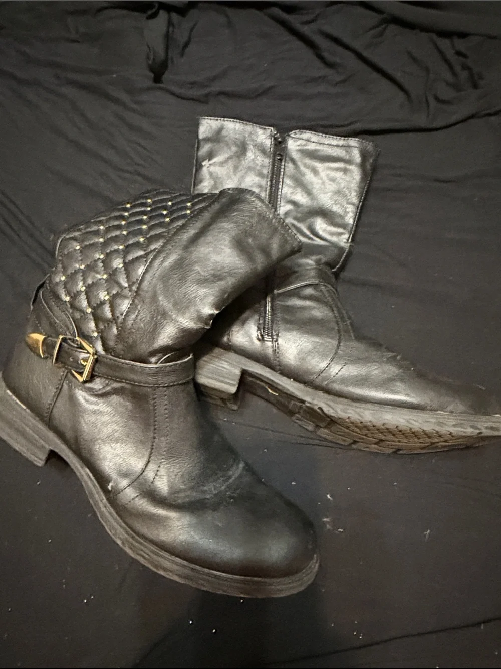 Bumper Black Quilted Leather Ankle Boots with Buckle Detail